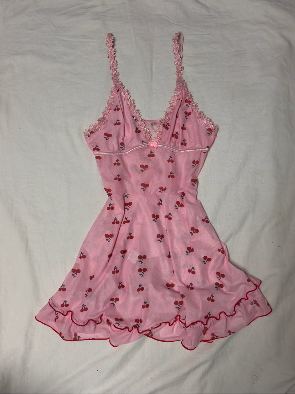 Pink Cherry-Print Lace-Trim Chemise Slip